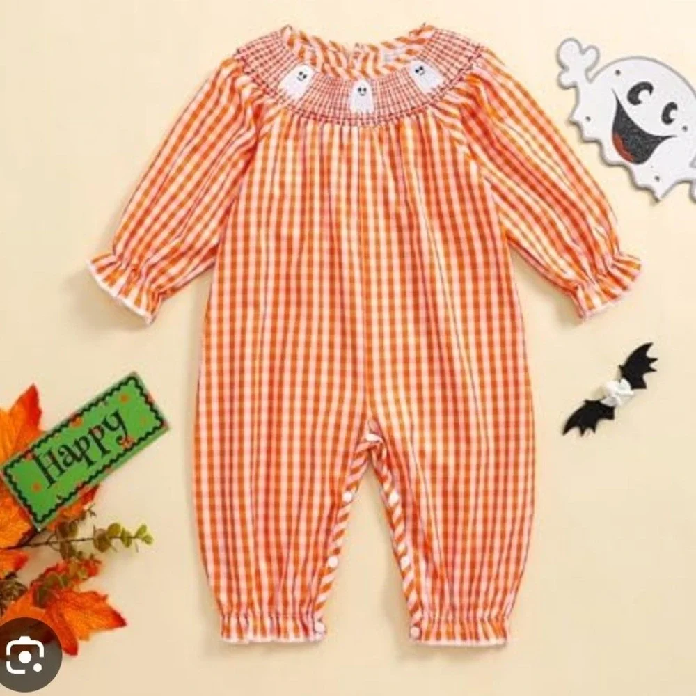 NWOT Baby Halloween Puff Sleeve Ghost Print Smocked Plaid Romper Jumpsuit U50